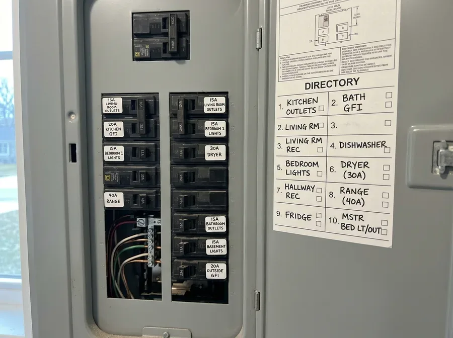 A finished 200-amp panel installed in a garage, cover on, breakers labeled, conduit run clean along the wall
